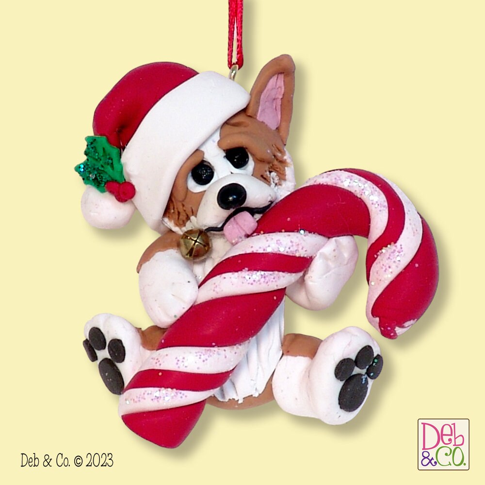 Corgi Puppy Dog with Candy Cane HANDMADE Polymer Clay Personalized Christmas Ornament, Custom Ornaments
