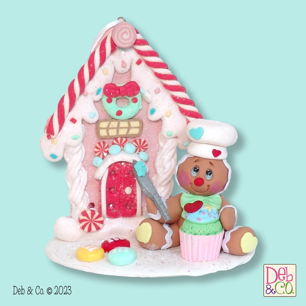 Gingerbread Clay Figure with Gingerbread House & Cupcake HANDMADE POLYMER CLAY Gingy Christmas Figurine - Tiered Tray Decor