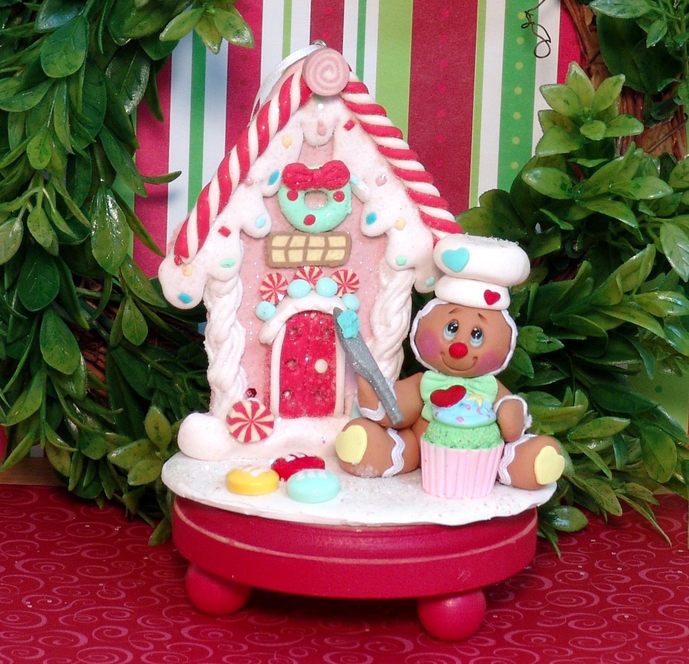 Gingerbread Clay Figure with Gingerbread House & Cupcake HANDMADE POLYMER CLAY Gingy Christmas Figurine - Tiered Tray Decor