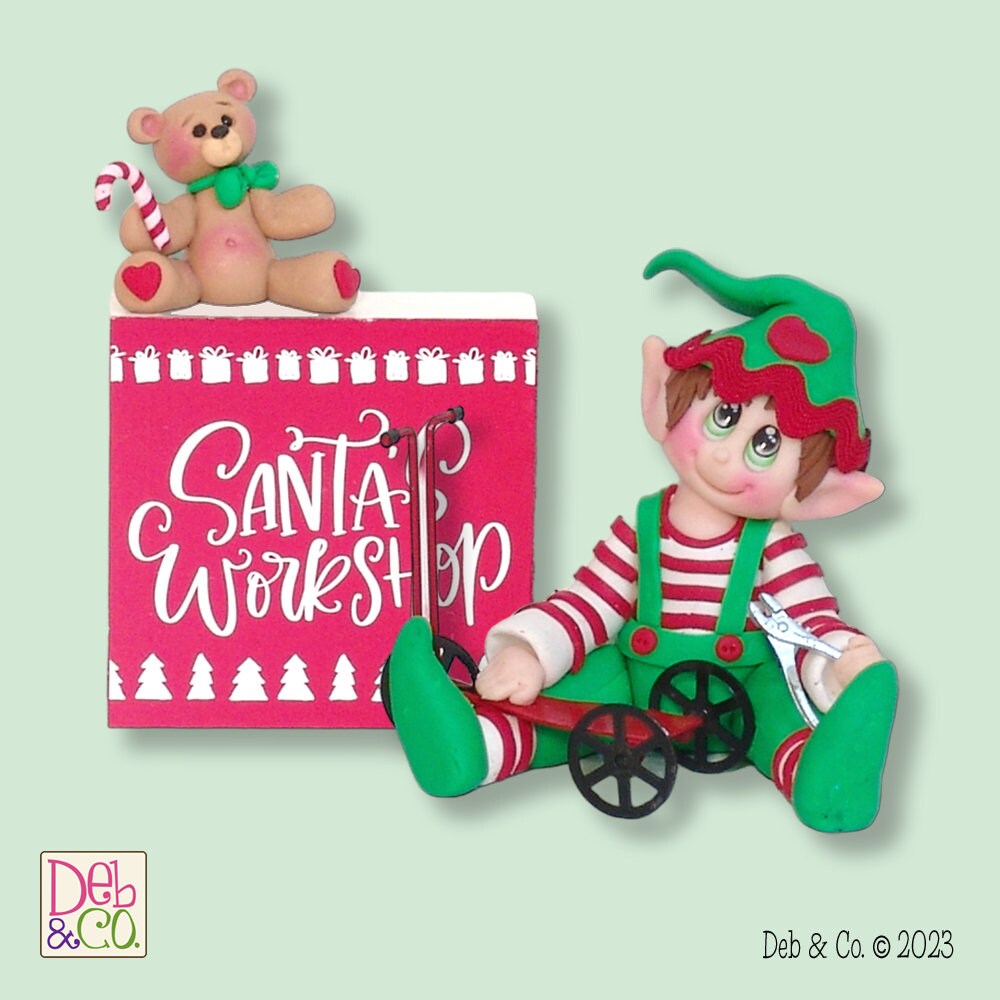 Tommy Toy maker Elf with Teddy Bear and Scooter 3 piece set - Handmade Polymer Clay