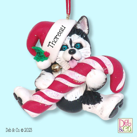 Siberian Husky Puppy Dog with Candy Cane HANDMADE Polymer Clay Personalized Christmas Ornament, Custom Ornaments