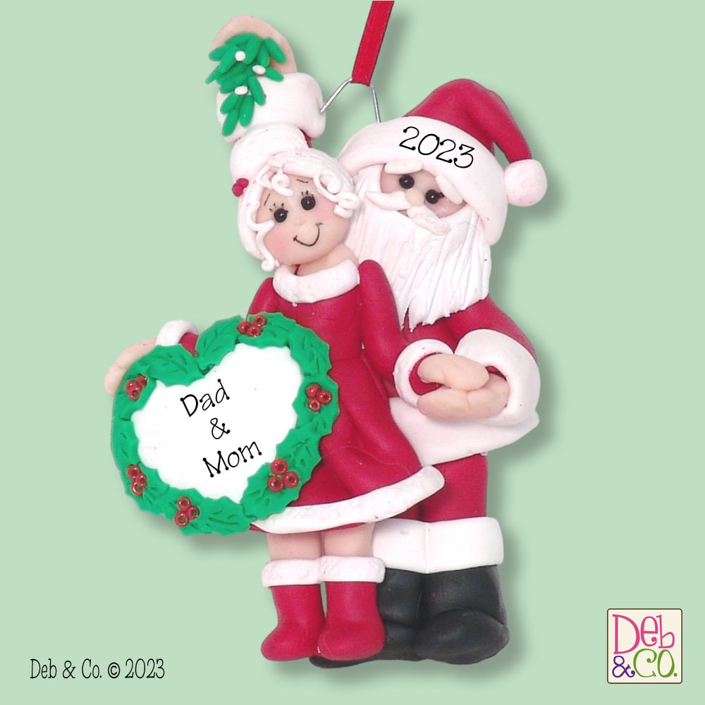 Santa & Mrs Clause with Mistletoe HANDMADE POLYMER CLAY Personalized Couples Ornament-Limited Edition