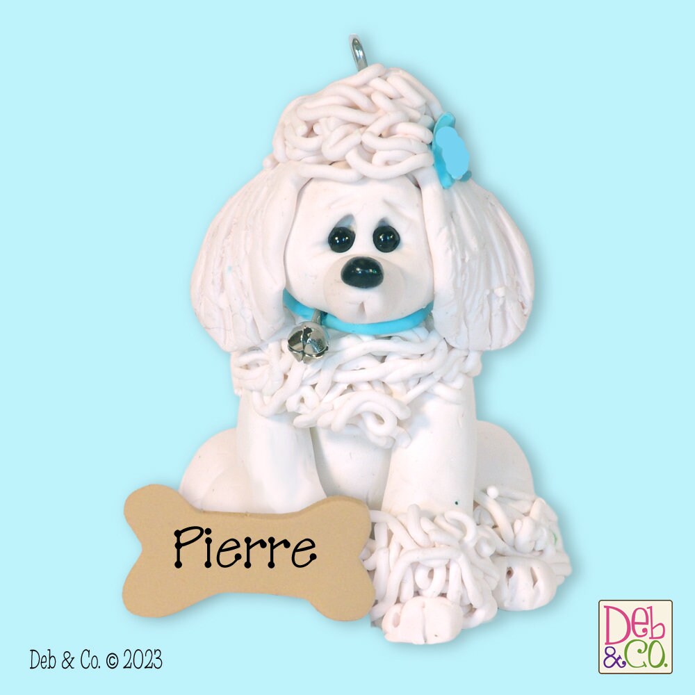 White Male FRENCH POODLE / Dog / Puppy / Handmade Polymer Clay Personalized Christmas Ornament