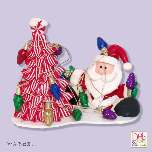 Santa Figurine with Christmas Lights and Peppermint Christmas Tree  - Handmade Polymer Clay