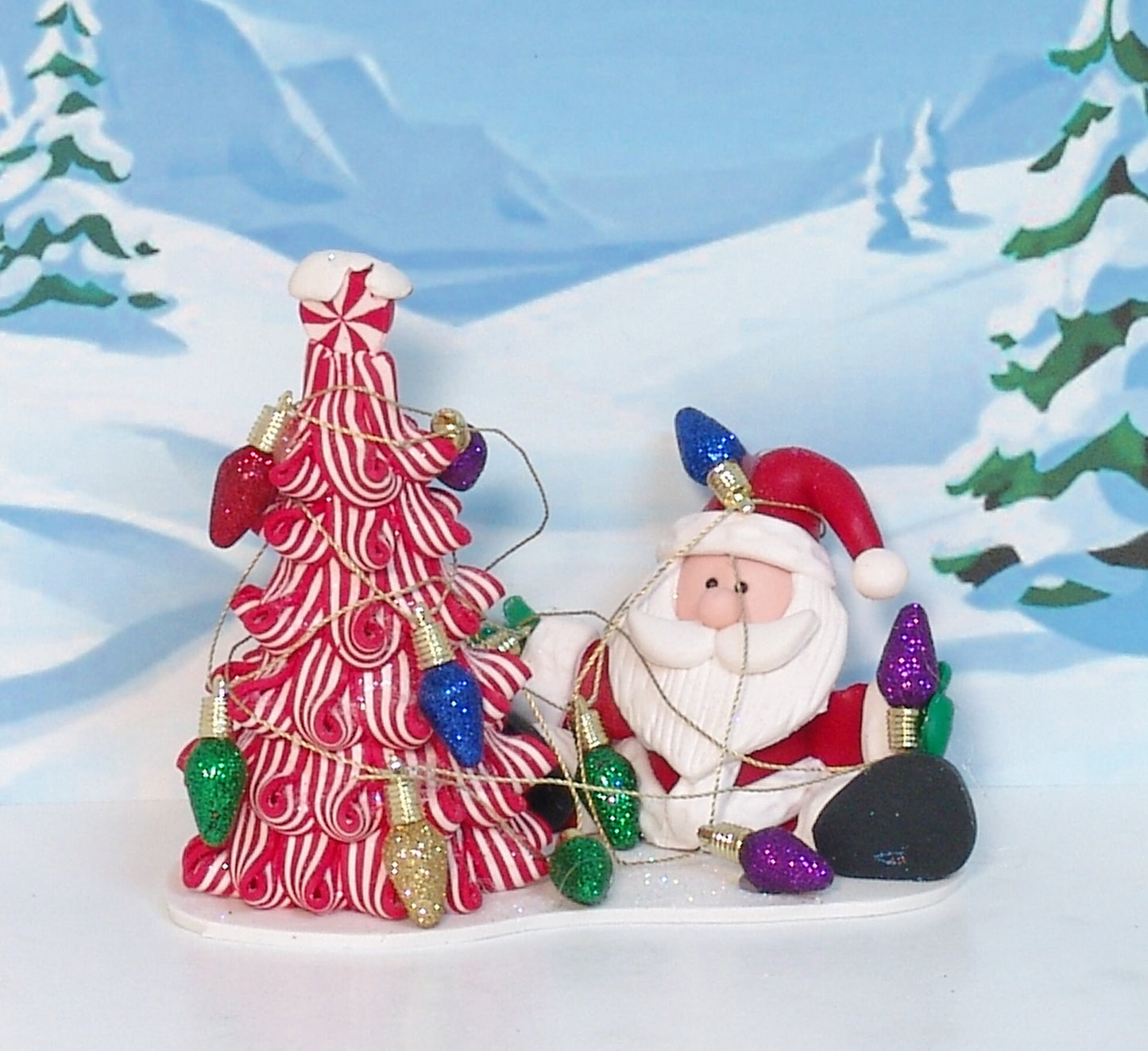 Santa Figurine with Christmas Lights and Peppermint Christmas Tree - Handmade Polymer Clay