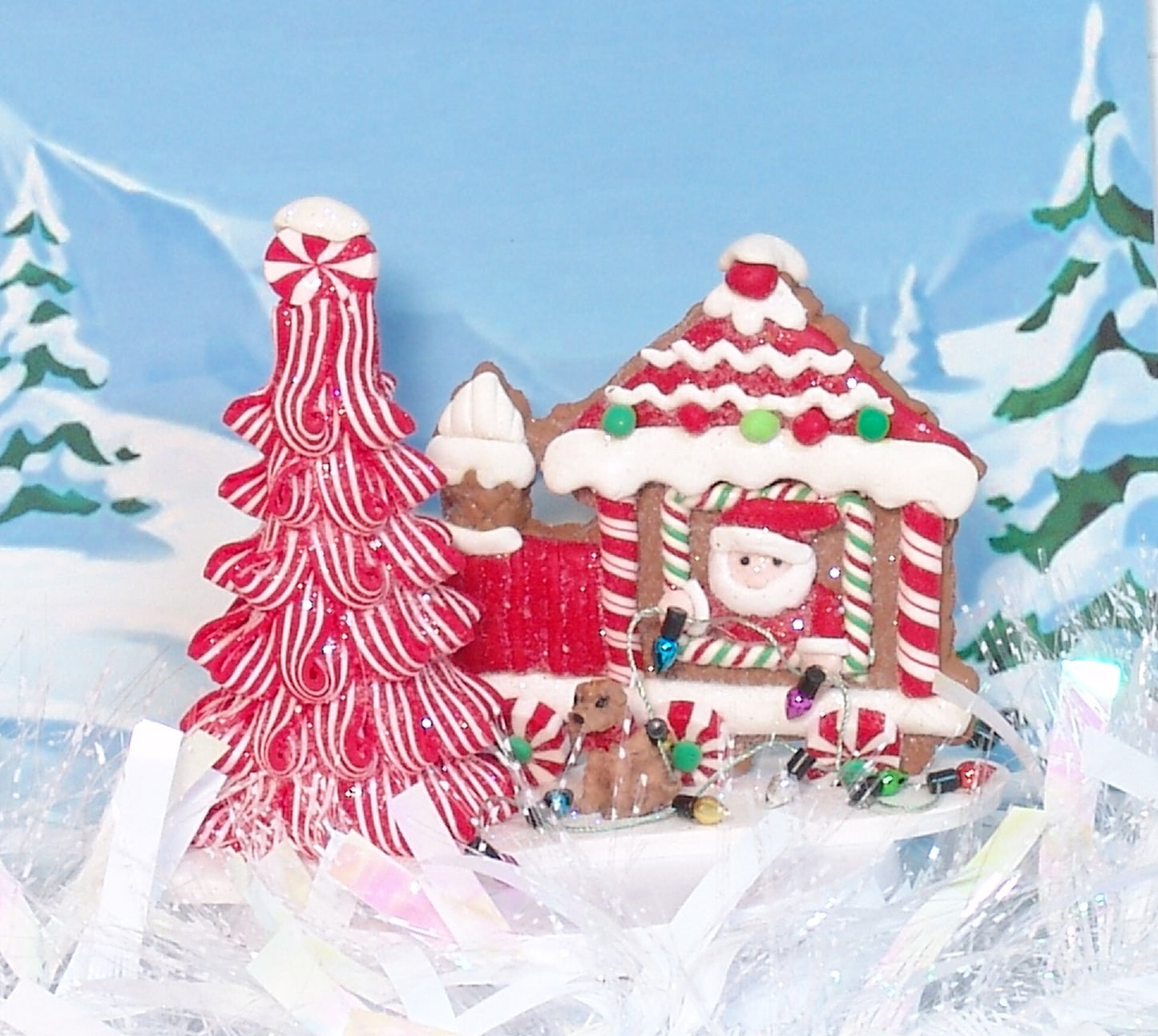 Gingerbread Santa's Train and Peppermint Christmas Tree with Lights HANDMADE POLYMER CLAY Christmas Figurine