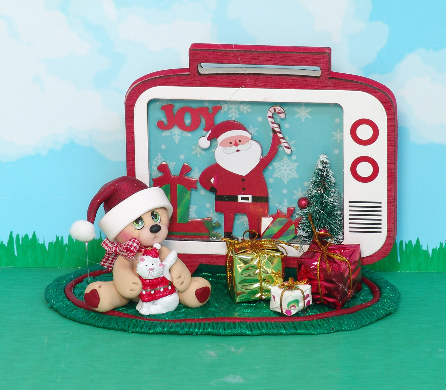 Tommy's Christmas TV with Kitty Cat HANDMADE Polymer CLAY Christmas Figurine - Tiered Tray Decor