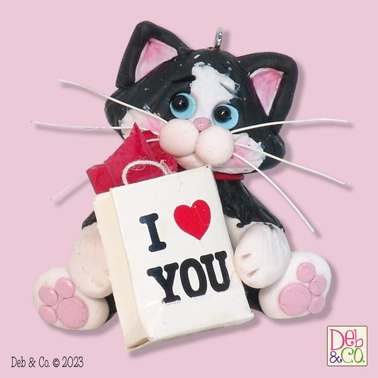 Tuxedo KITTY CAT  with Valentine Gift Bag Handmade Polymer Clay Valentine Decor