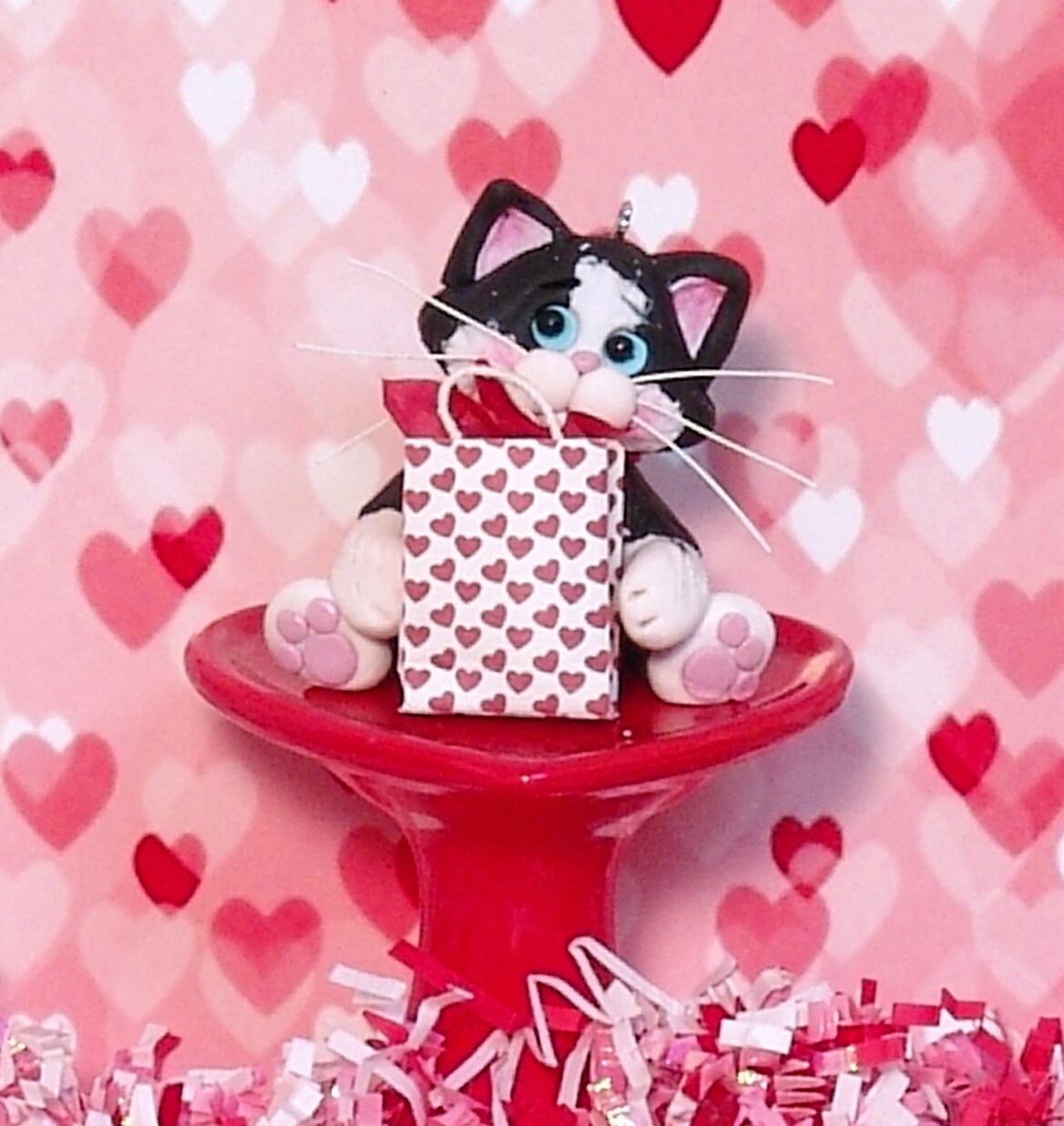 Tuxedo KITTY CAT  with Valentine Gift Bag Handmade Polymer Clay Valentine Decor