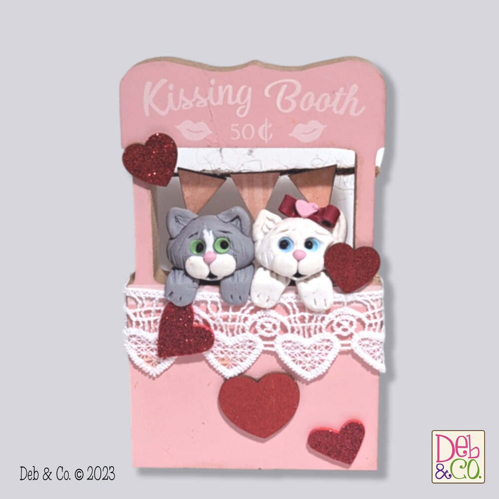 Two Kitty Cats in Kissing Booth / Handmade Polymer Clay Valentine Decoration