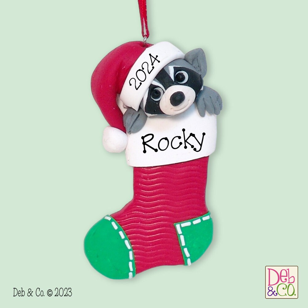 Rocky Raccoon in Stocking - HANDMADE Polymer Clay Ornament - Personalized Christmas Ornament - Limited Edition