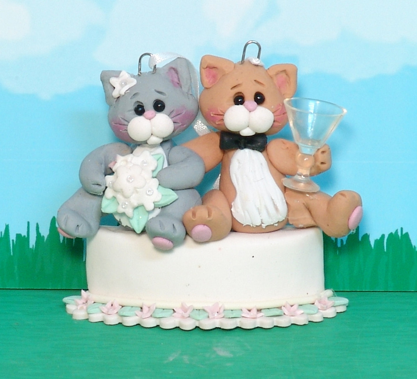 Wedding  KITTY CAT COUPLE "We Do Too!" Handmade Polymer Clay Ornament / Figurine