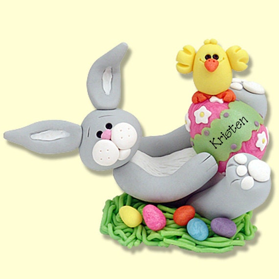 Personalized Gray EASTER BUNNY Figurine Ornament Handmade Polymer Clay