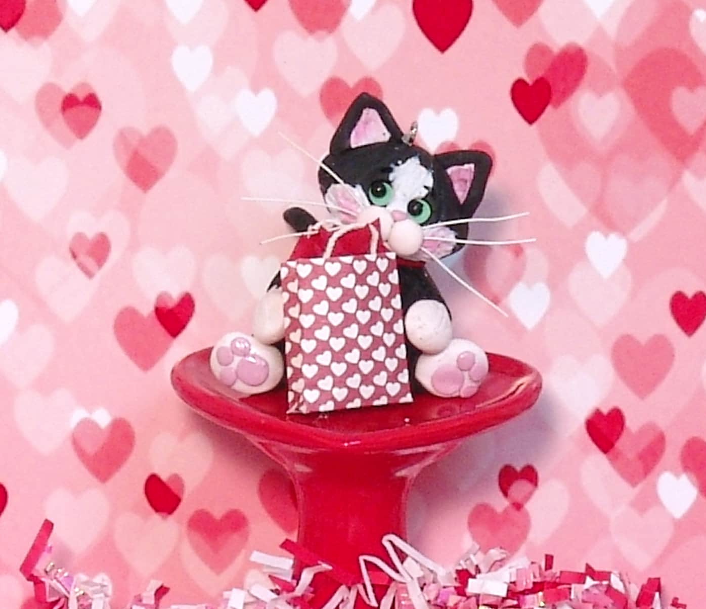 Tuxedo KITTY CAT  with Valentine Gift Bag Handmade Polymer Clay Valentine Decor