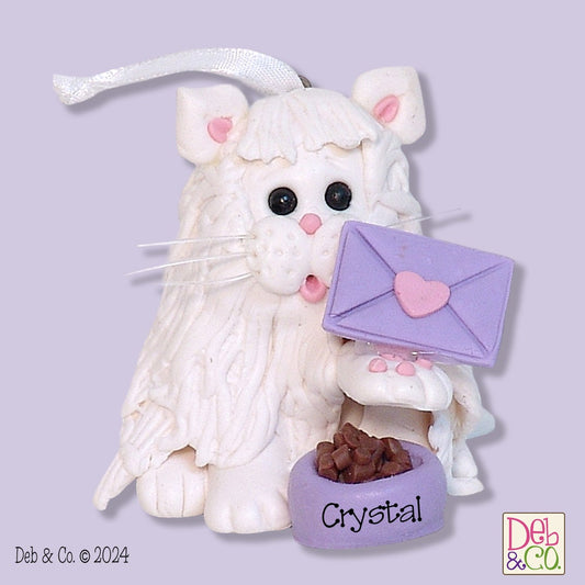 White Persian Valentine KITTY CAT HANDMADE Polymer Clay Personalized Christmas Ornament