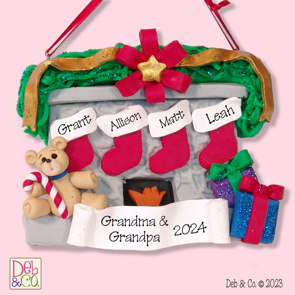 Family of 4 Fireplace w/Bear Grandparents Ornament,  Ornament with 4 Grand kids, HANDMADE POLYMER CLAY,  Personalized  Ornament
