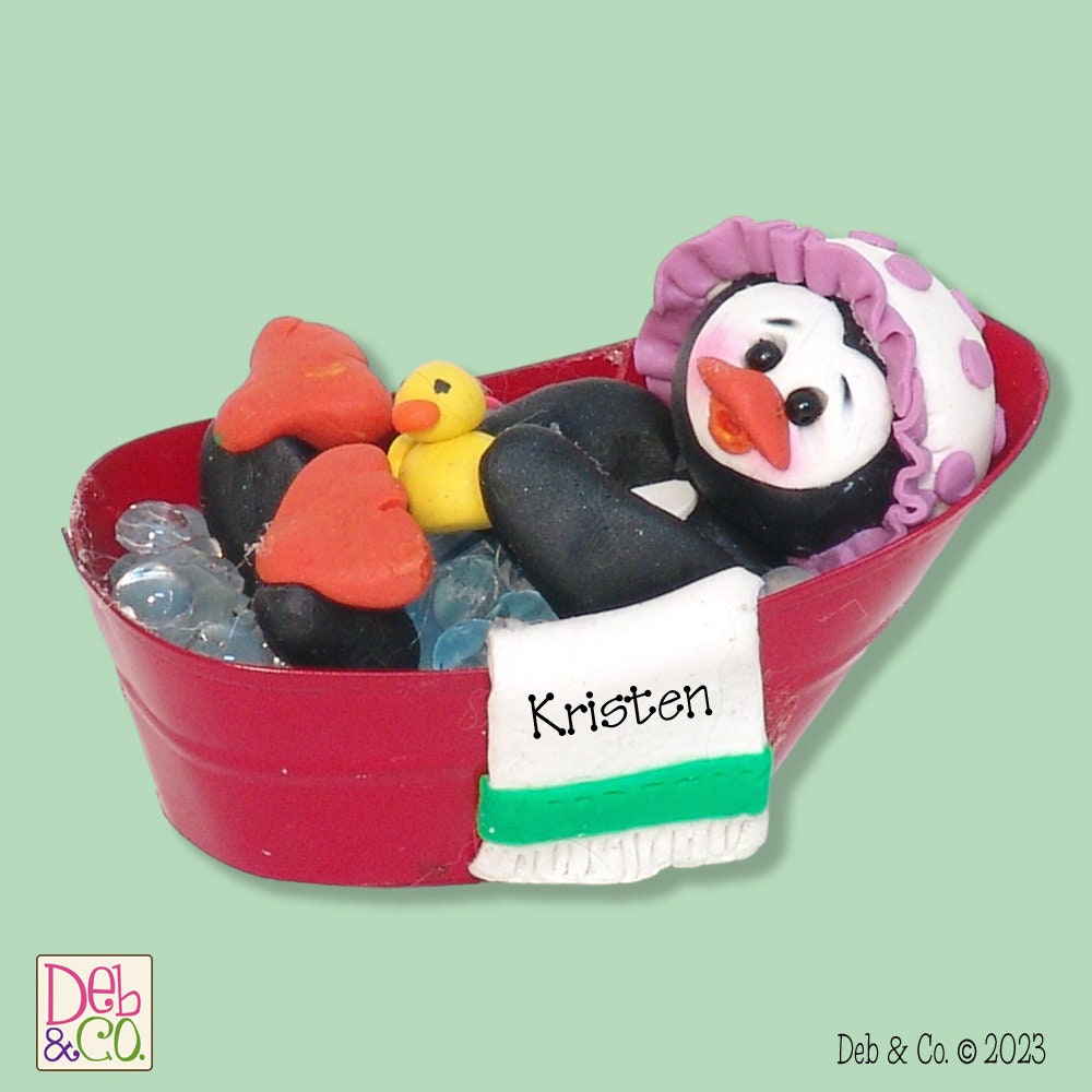 Petey Penguin in Tub HANDMADE POLYMER Clay Ornament - Limited Edition - Personalized Christmas Ornament