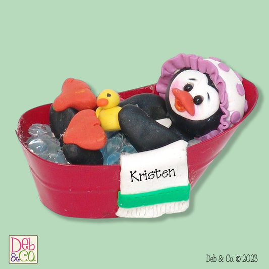Petey Penguin in Tub HANDMADE POLYMER Clay Ornament - Limited Edition - Personalized Christmas Ornament