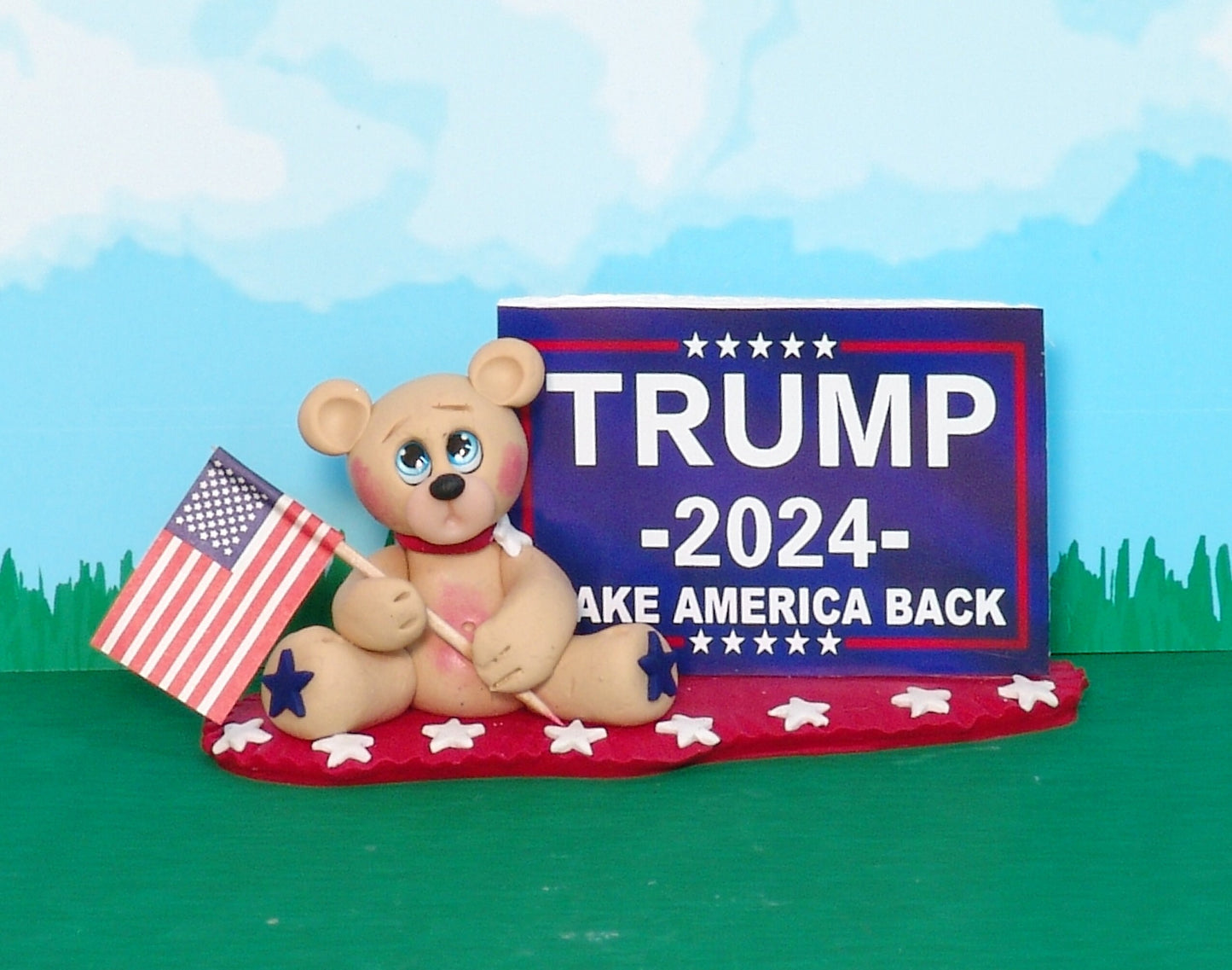 Patriotic Bear with TRUMP 2024 Sign Handcrafted Polymer Clay Patriotic Figurine - Tier Tray Holiday / Election Decor