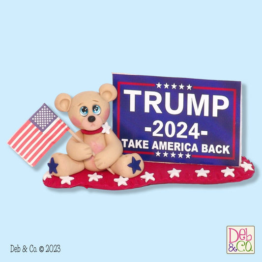 Patriotic Bear with TRUMP 2024 Sign Handcrafted Polymer Clay Patriotic Figurine - Tier Tray Holiday / Election Decor