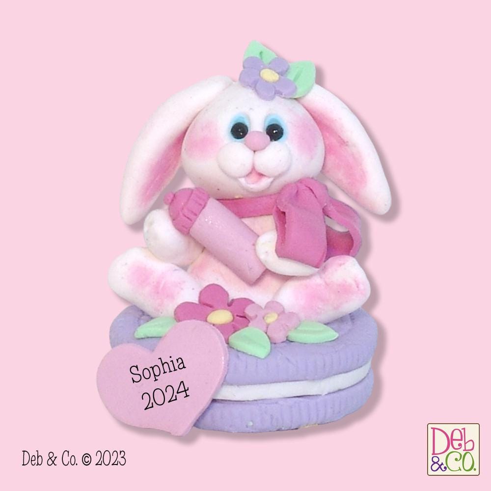 White Baby Bunny on Cookie with Baby Bottle Handmade Polymer Clay Figurine