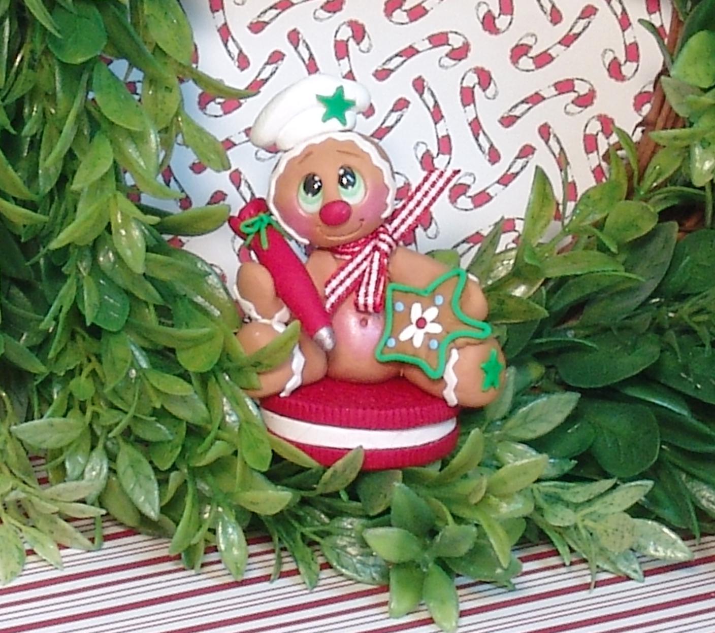 Gingerbread Clay Figure On Red Cookie HANDMADE POLYMER CLAY Christmas Figurine