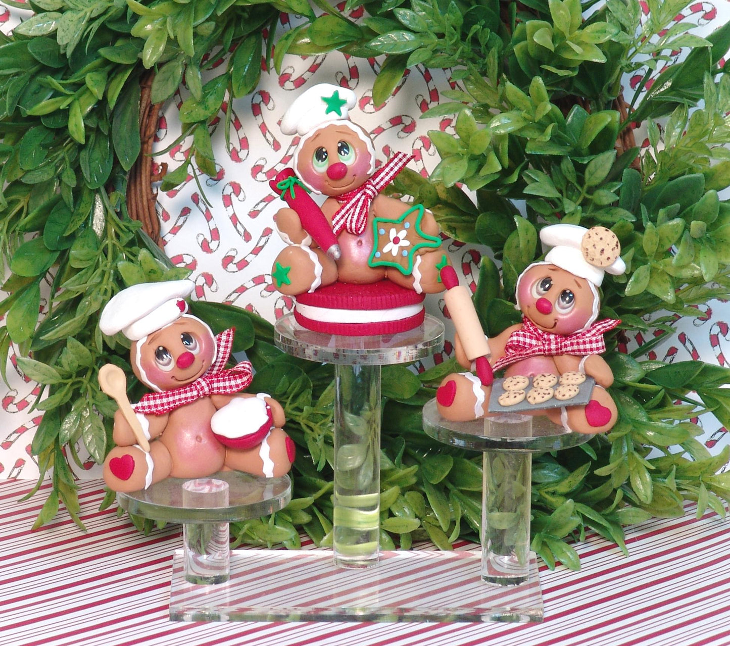 Gingerbread Clay Figure On Red Cookie HANDMADE POLYMER CLAY Christmas Figurine