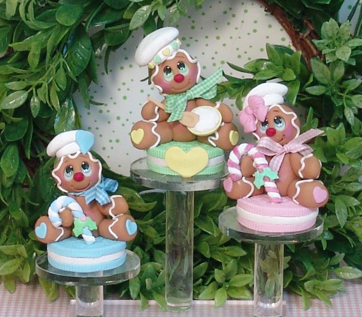 Girl Gingerbread Clay Figure On Pink Cookie HANDMADE POLYMER CLAY Christmas Figurine