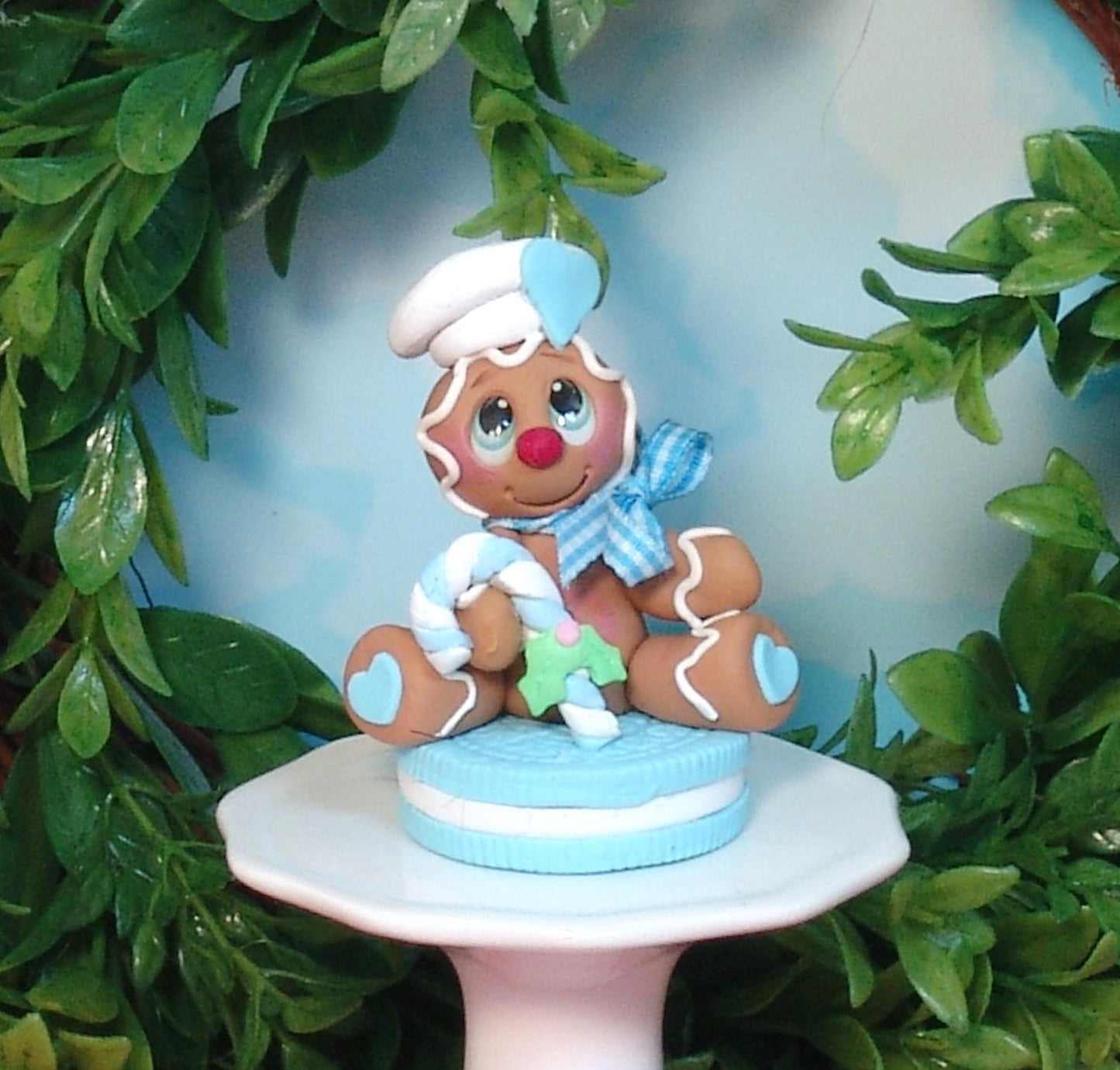 Boy Gingerbread Clay Figure On Blue Cookie HANDMADE POLYMER CLAY Christmas Figurine