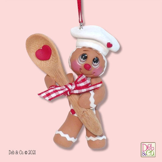 Gingerbread "Gingy" with Wooden Spoon HANDMADE POLYMER CLAY Christmas Ornament