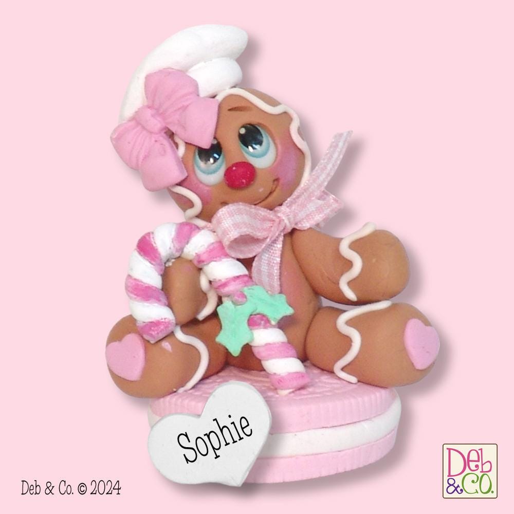 Girl Gingerbread Clay Figure On Pink Cookie HANDMADE POLYMER CLAY Christmas Figurine