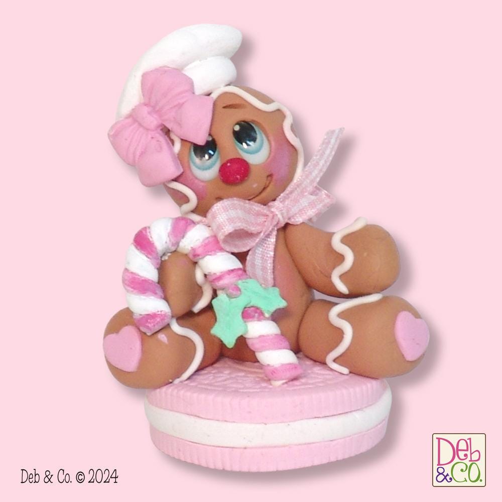 Girl Gingerbread Clay Figure On Pink Cookie HANDMADE POLYMER CLAY Christmas Figurine