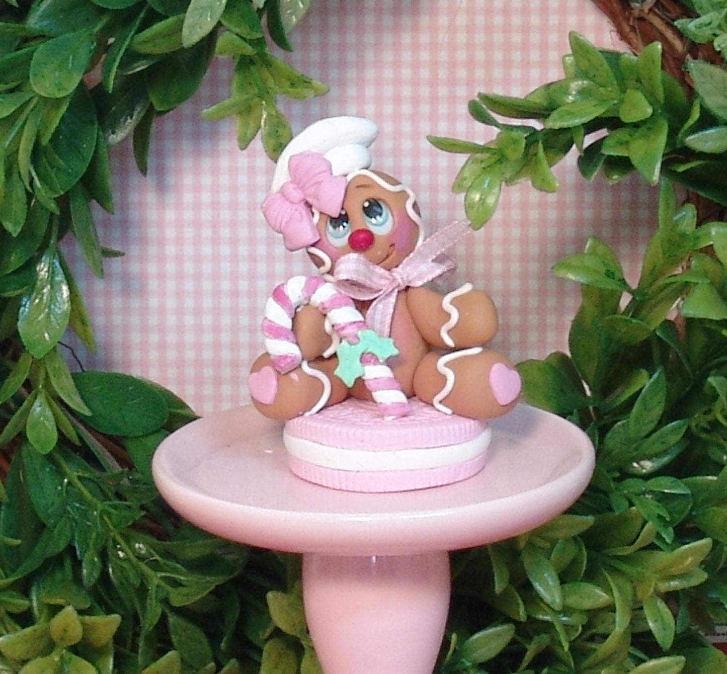 Girl Gingerbread Clay Figure On Pink Cookie HANDMADE POLYMER CLAY Christmas Figurine
