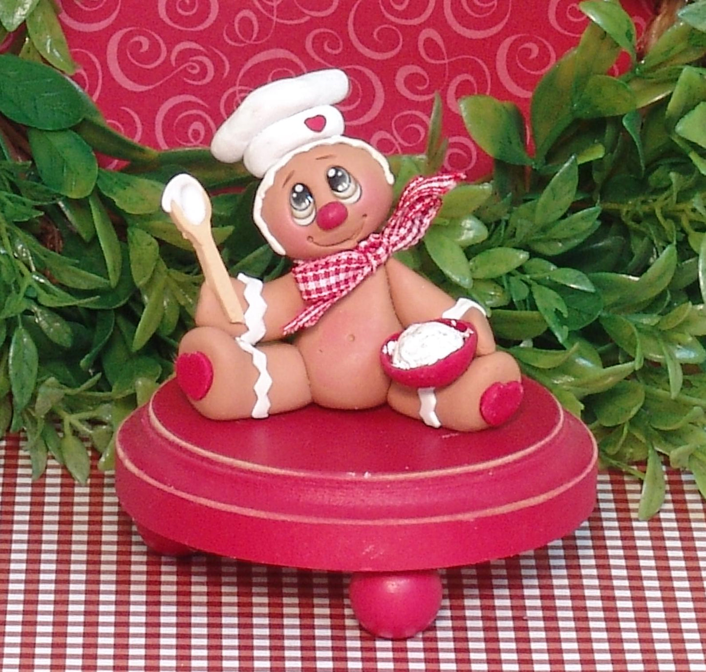 Gingerbread Clay Figurine in Bread Basket HANDMADE POLYMER CLAY Christmas Figurine - Tiered Tray Decor