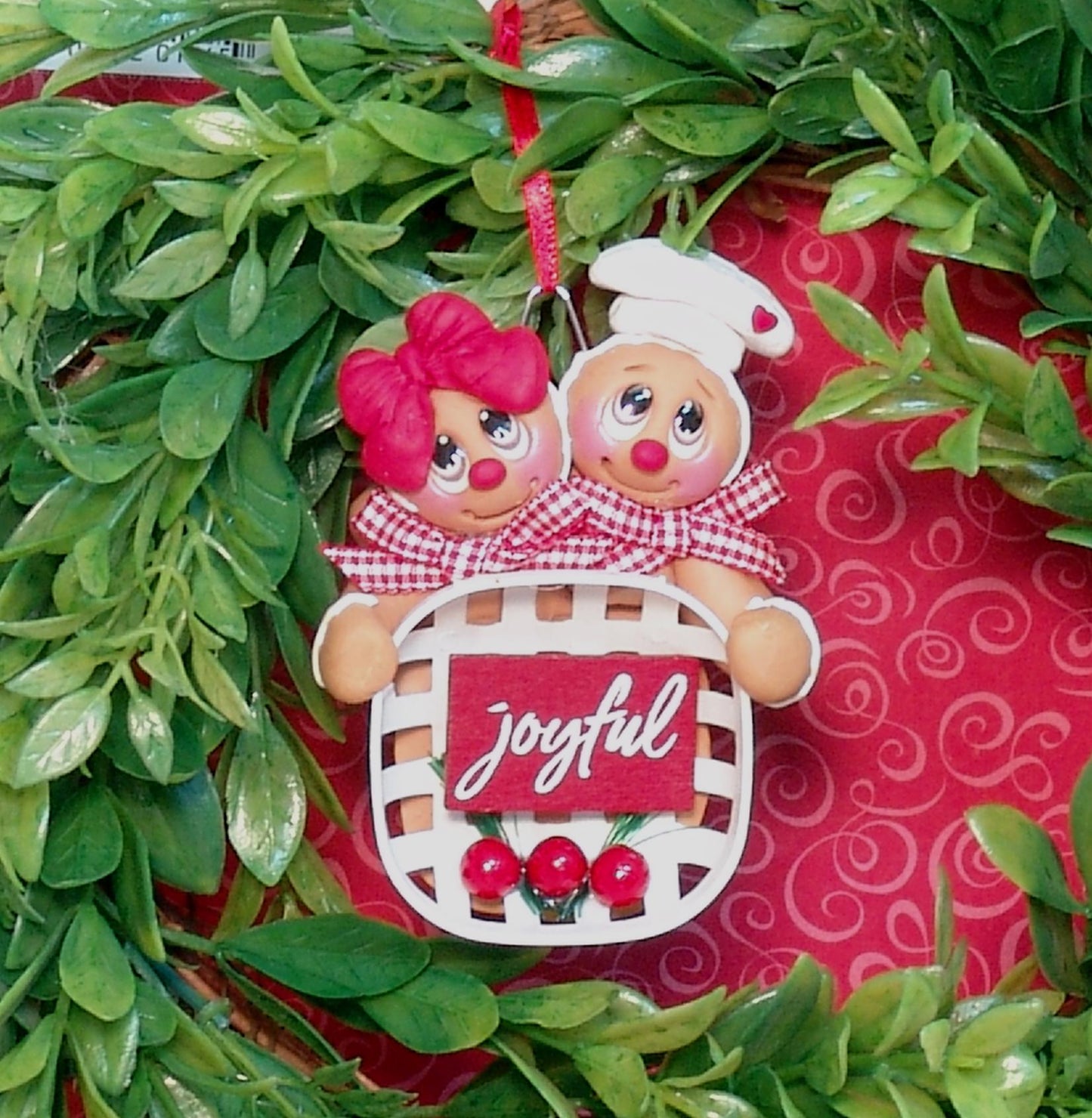 Gingerbread Couple Holding Basket with "Joyful" sign. HANDMADE POLYMER CLAY Gingy Personalized Christmas Ornament