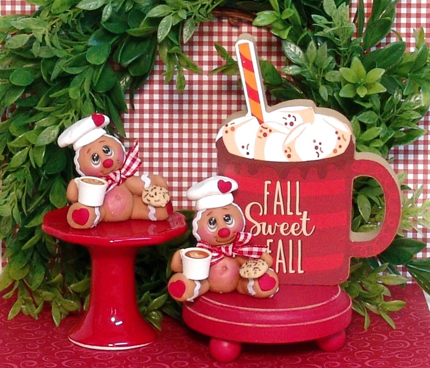 Gingerbread Clay Figurine with Hot Chocolate and Cookie HANDMADE POLYMER CLAY Christmas Figurine - Tiered Tray Decor