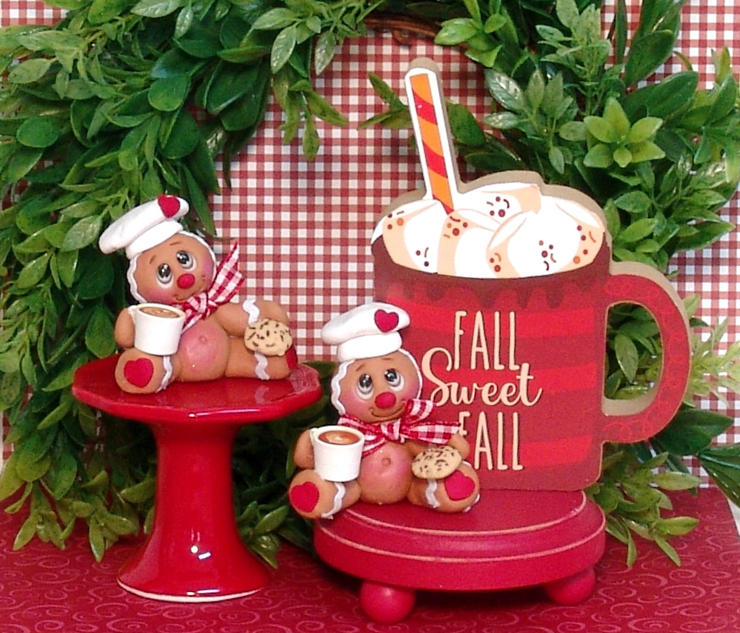 Gingerbread Clay Figurine with Hot Chocolate and Cookie HANDMADE POLYMER CLAY Christmas Figurine - Tiered Tray Decor - 2 Piece Set