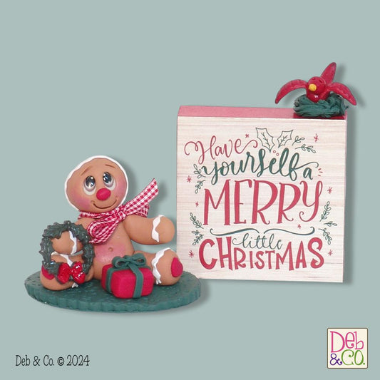 Gingerbread Clay Figurine with Wooden Merry Christmas Sign  HANDMADE POLYMER CLAY Christmas Figurine - Tiered Tray Decor - 3 Piece Set