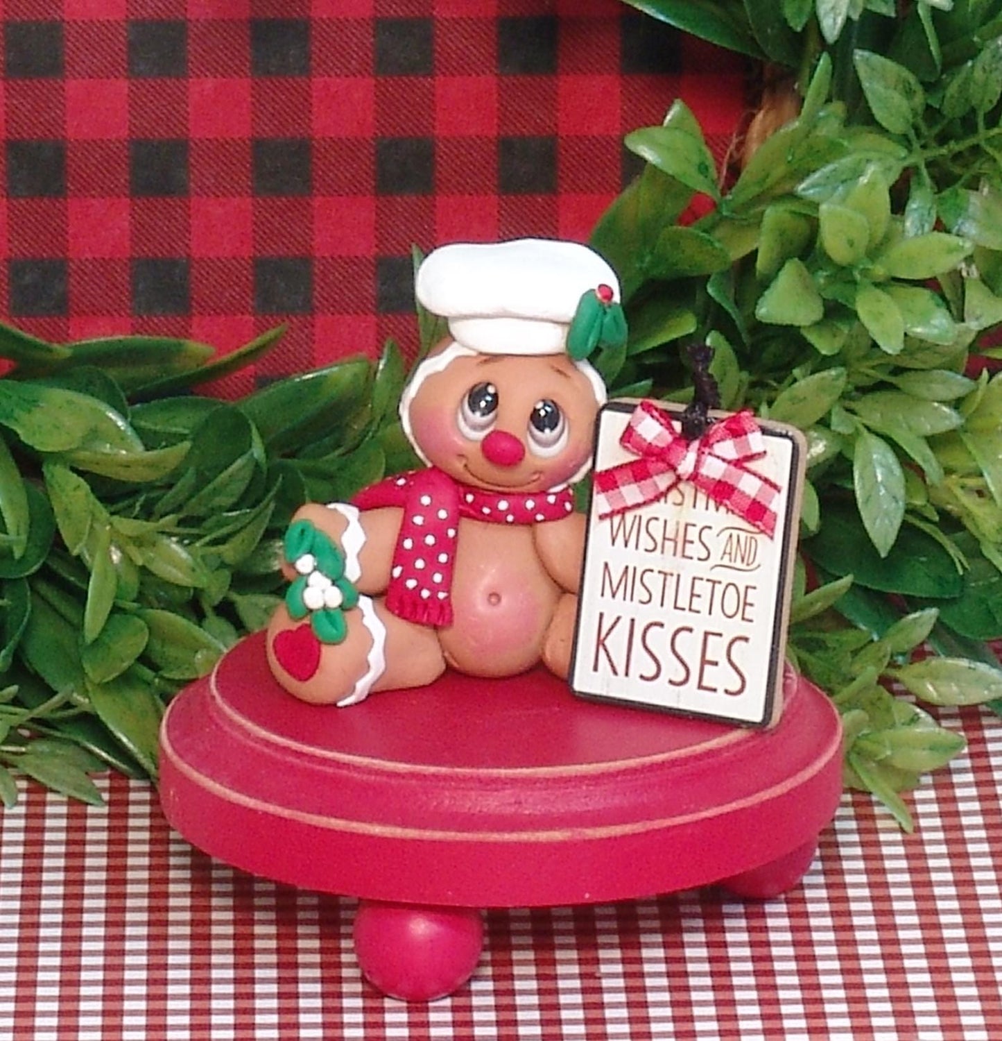 Gingerbread Clay Figure with Mistletoe Sign HANDMADE POLYMER CLAY Christmas Figurine