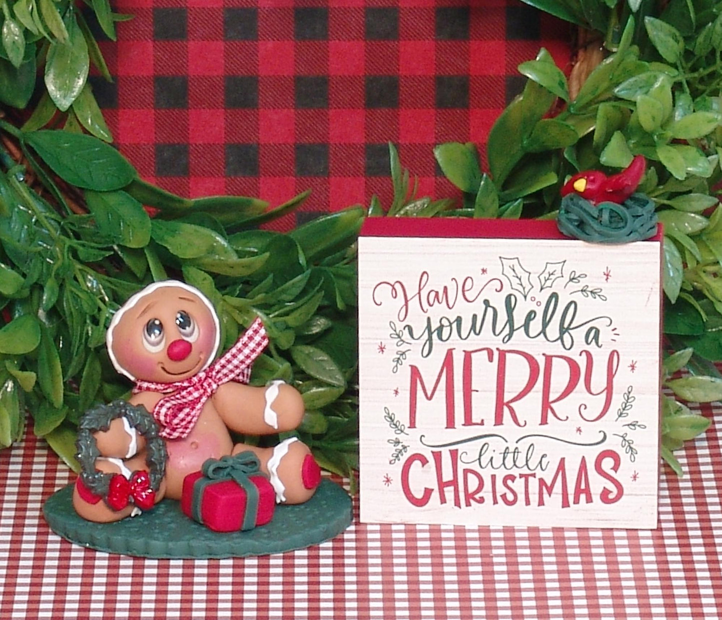 Gingerbread Clay Figurine with Wooden Merry Christmas Sign HANDMADE POLYMER CLAY Christmas Figurine - Tiered Tray Decor - 3 Piece Set