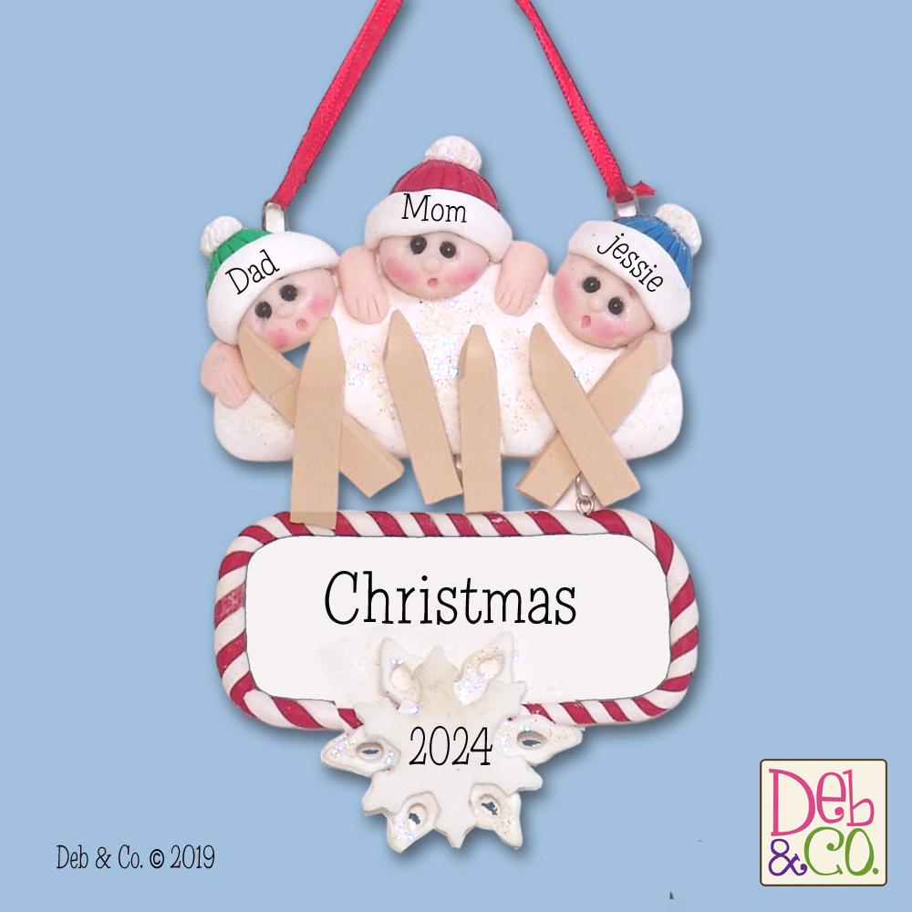 Ski Family of 3,  HANDMADE Polymer Clay Personalized Christmas Family Ornament