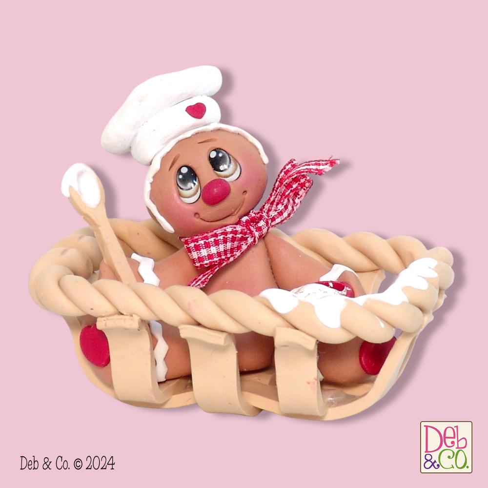 Gingerbread Clay Figurine in Bread Basket HANDMADE POLYMER CLAY Christmas Figurine - Tiered Tray Decor