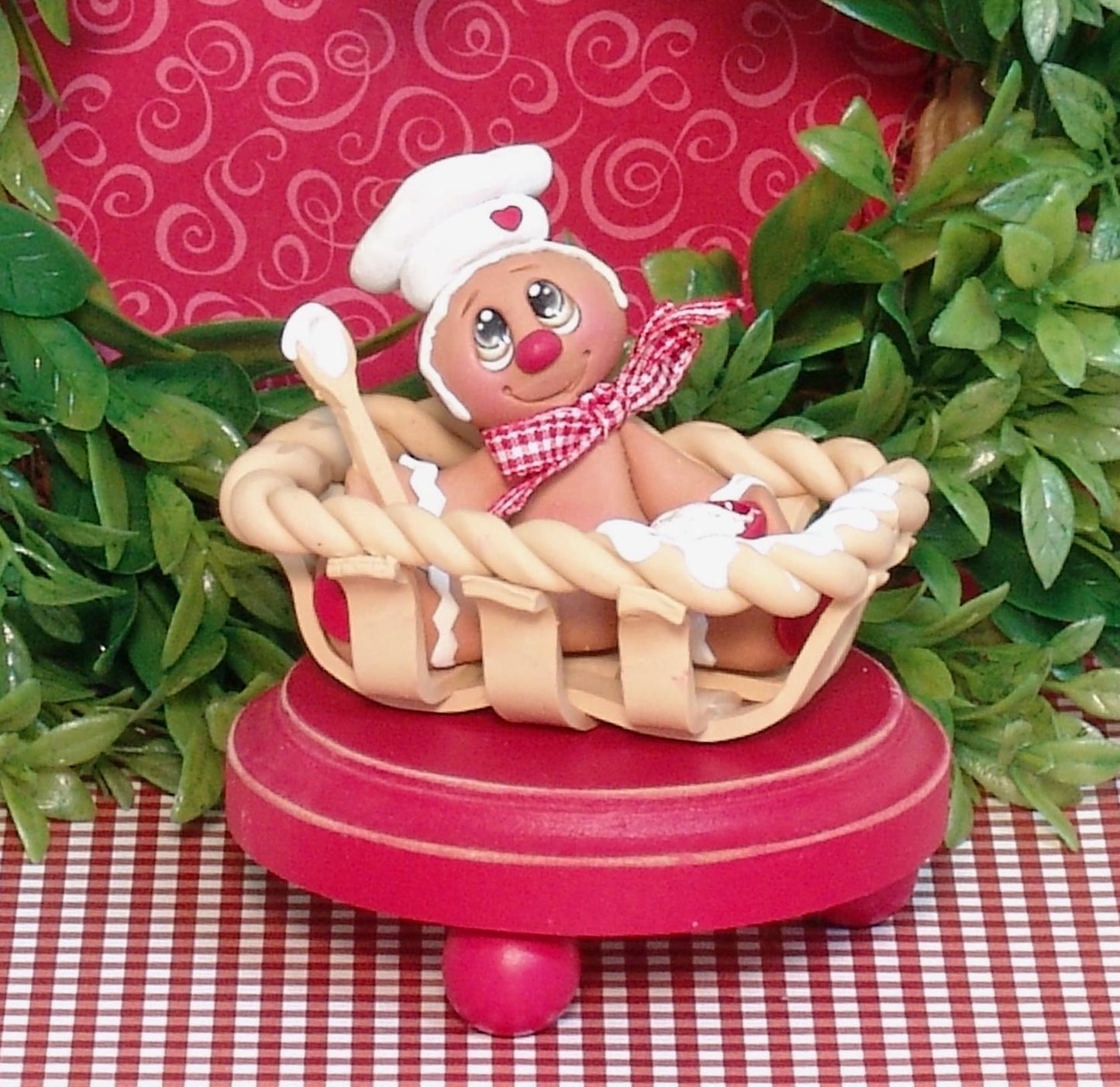 Gingerbread Clay Figurine in Bread Basket HANDMADE POLYMER CLAY Christmas Figurine - Tiered Tray Decor