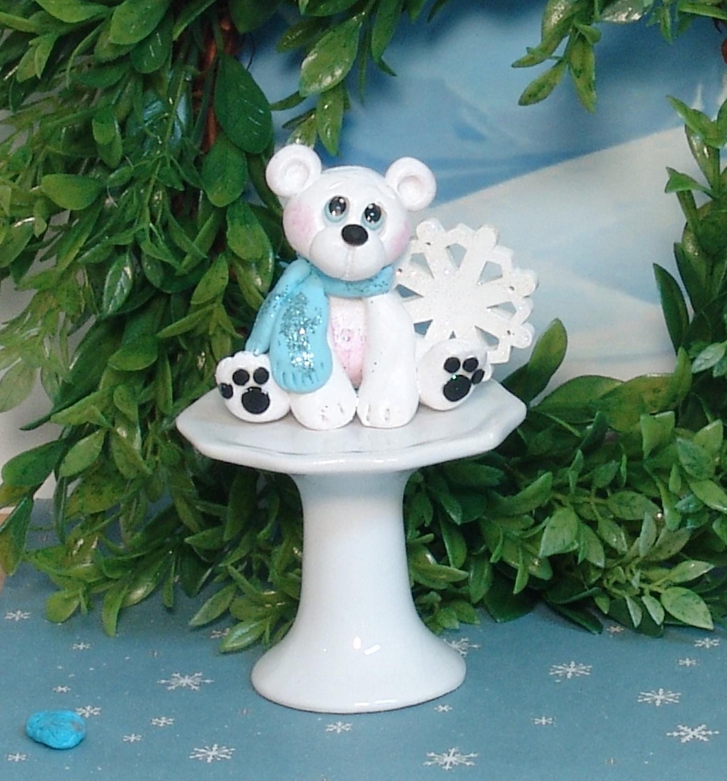 Polymer Clay Handmade Polar Bear with Snowflake Figurine