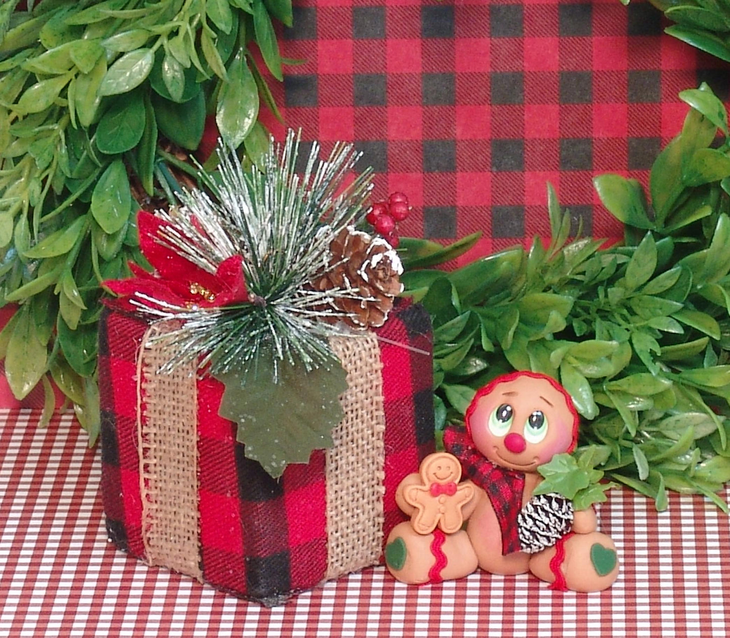Gingerbread Clay Figurine with Red & Black Buffalo Plaid Gift HANDMADE POLYMER CLAY Christmas Figurine - Tiered Tray Decor