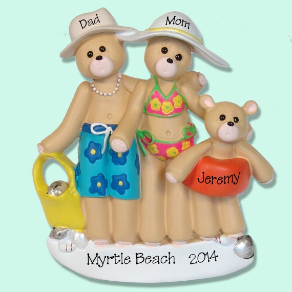 Belly Bear Beach Family of 3 Hand Painted RESIN Personalized Christmas Ornament