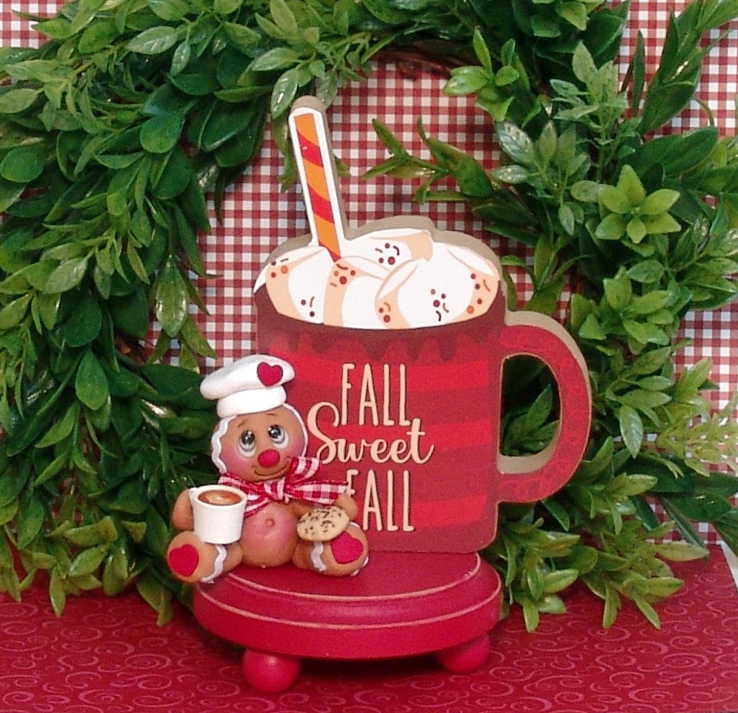 Gingerbread Clay Figurine with Hot Chocolate and Cookie HANDMADE POLYMER CLAY Christmas Figurine - Tiered Tray Decor