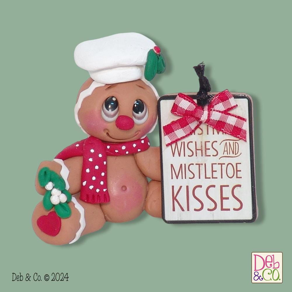 Gingerbread Clay Figure with Mistletoe Sign HANDMADE POLYMER CLAY Christmas Figurine