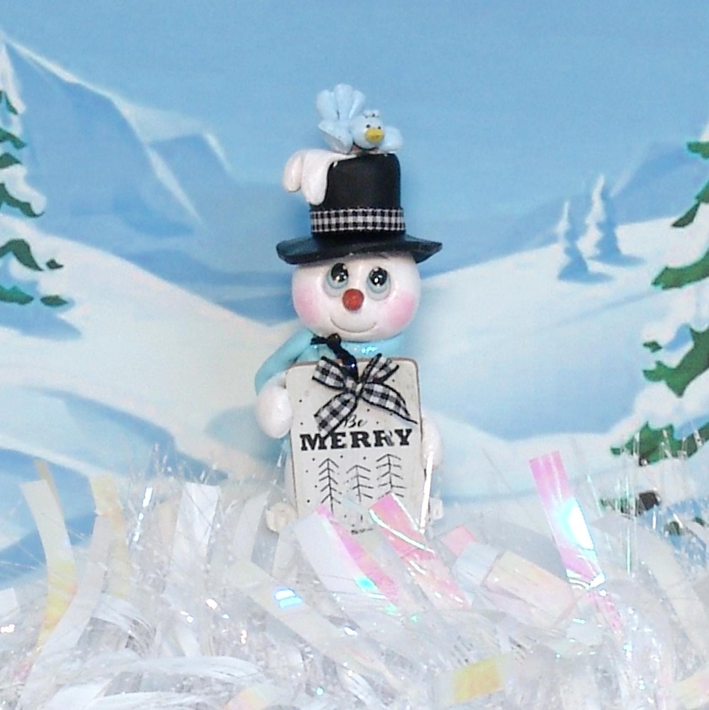 Snowman Figurine with sign and Bluebird - HANDMADE Polymer Clay Figurine