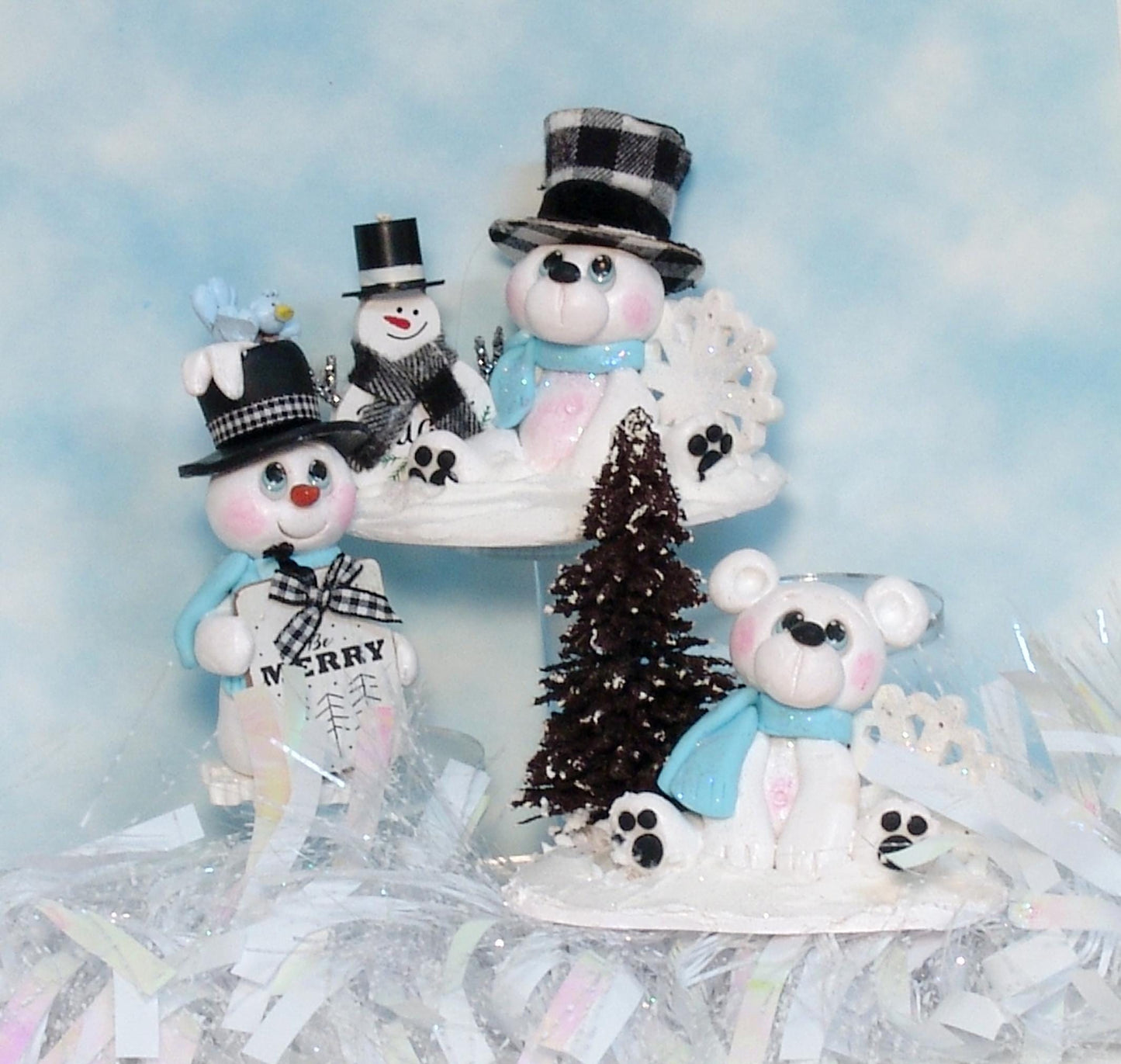 Snowman Figurine with sign and Bluebird - HANDMADE Polymer Clay Figurine